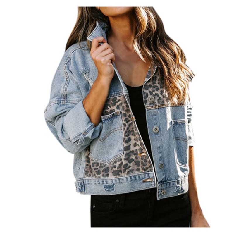 Leopard Stitching Denim Jacket - Sewing Jackets review and price